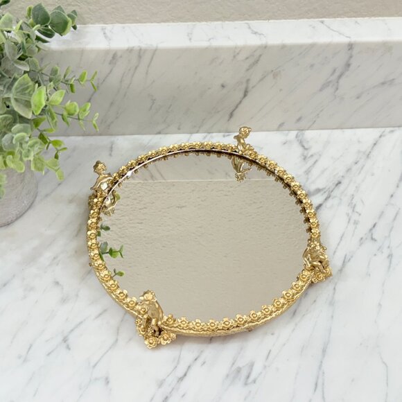 Hollywood Regency Cherub Footed Vanity Mirror/Tray - Picture 14 of 17